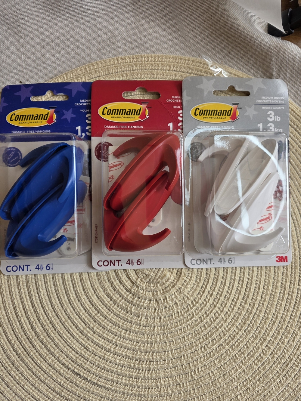 Commando Damage-Free Hooks in Blue, Red, White - 3 Pack